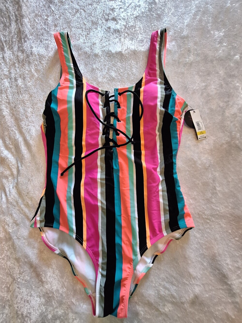 No Boundaries Striped One-Piece Swimming Suit Size L (11-13) pink coral teal - Picture 4 of 11